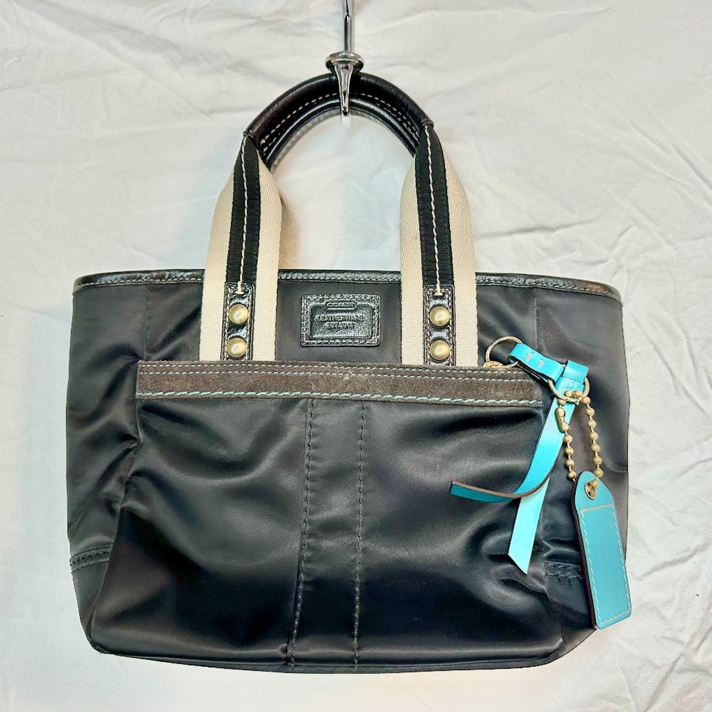 Coach nylon and canvas mini Hamptons tote, black, natural and tourquoise.